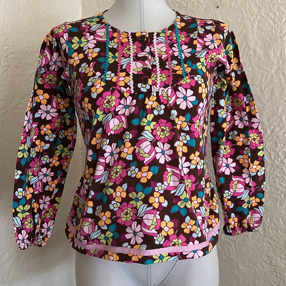 Hanna Andersson Floral Long Sleeve Trapeze Top Shirt Brown Pink Orange Blue 10